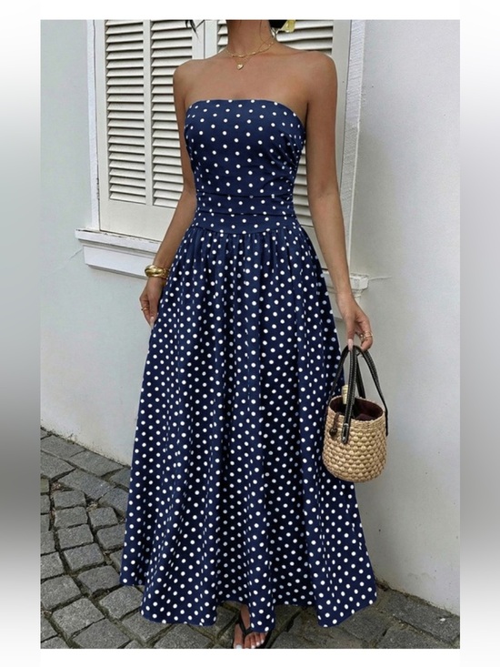 core in fashion Dresses & Skirts - NWT Strapless Casual Polka Dot Navy Blue Maxi Dress